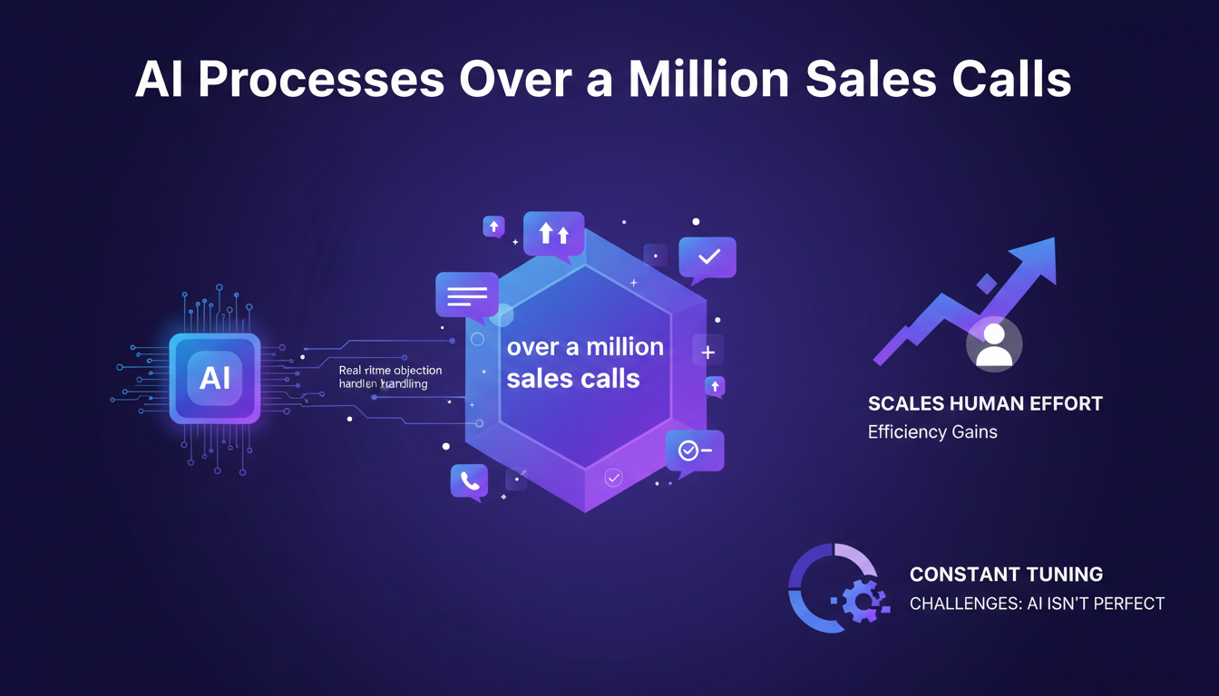 Modern illustration of AI processing over a million sales calls efficiently, featuring geometric shapes and gradient overlays.