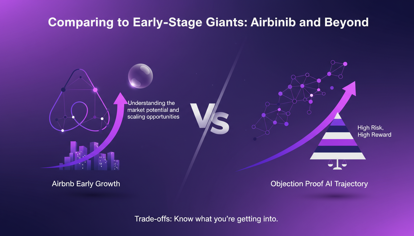 Modern illustration comparing Objection Proof AI's growth to Airbnb, featuring geometric shapes and violet gradients.