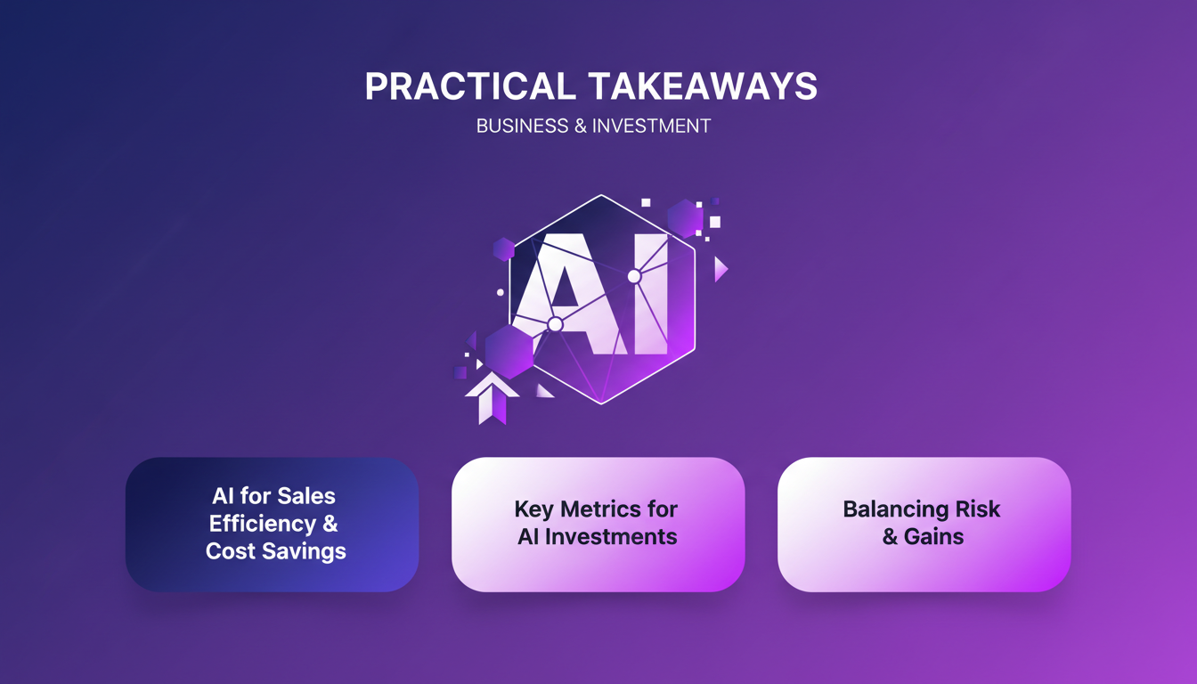 Modern minimalist illustration on AI for sales efficiency and savings, featuring geometric shapes and violet gradients.