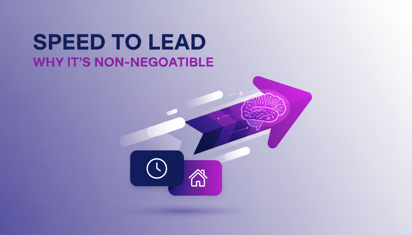 Modern illustration on the critical role of speed to lead in real estate, featuring geometric shapes and violet gradients.