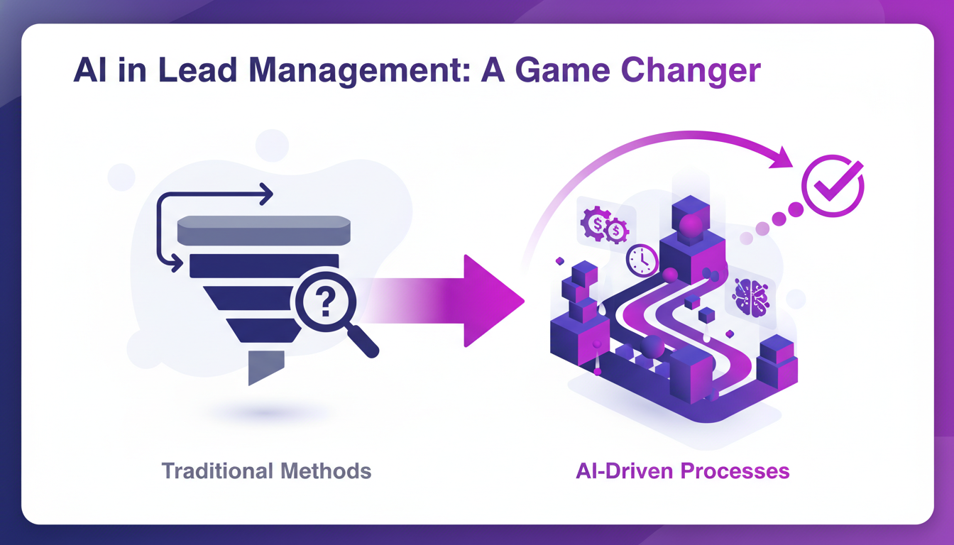 Modern illustration of AI in lead management, showcasing innovative, efficient systems with geometric shapes and violet gradients.