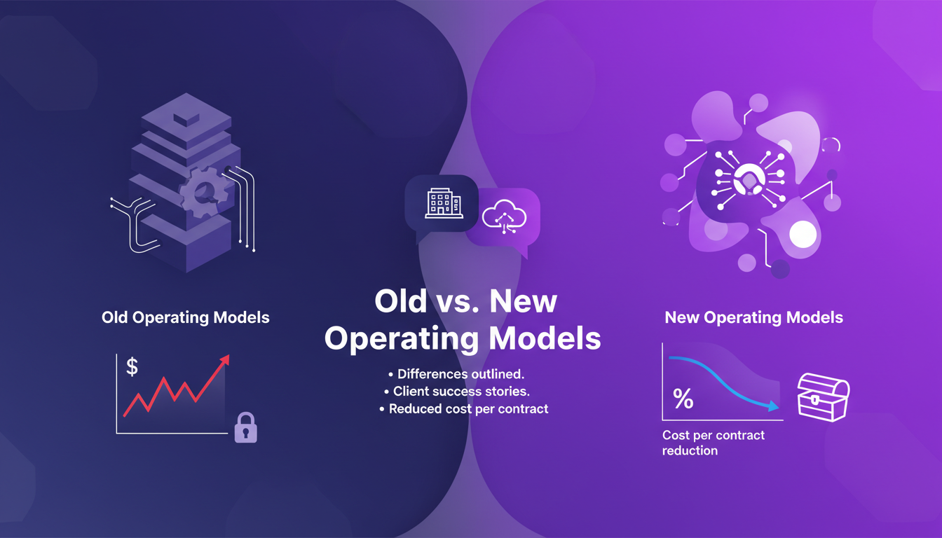 Modern illustration comparing old vs. new operating models with geometric shapes and indigo, violet gradients, highlighting AI technology.