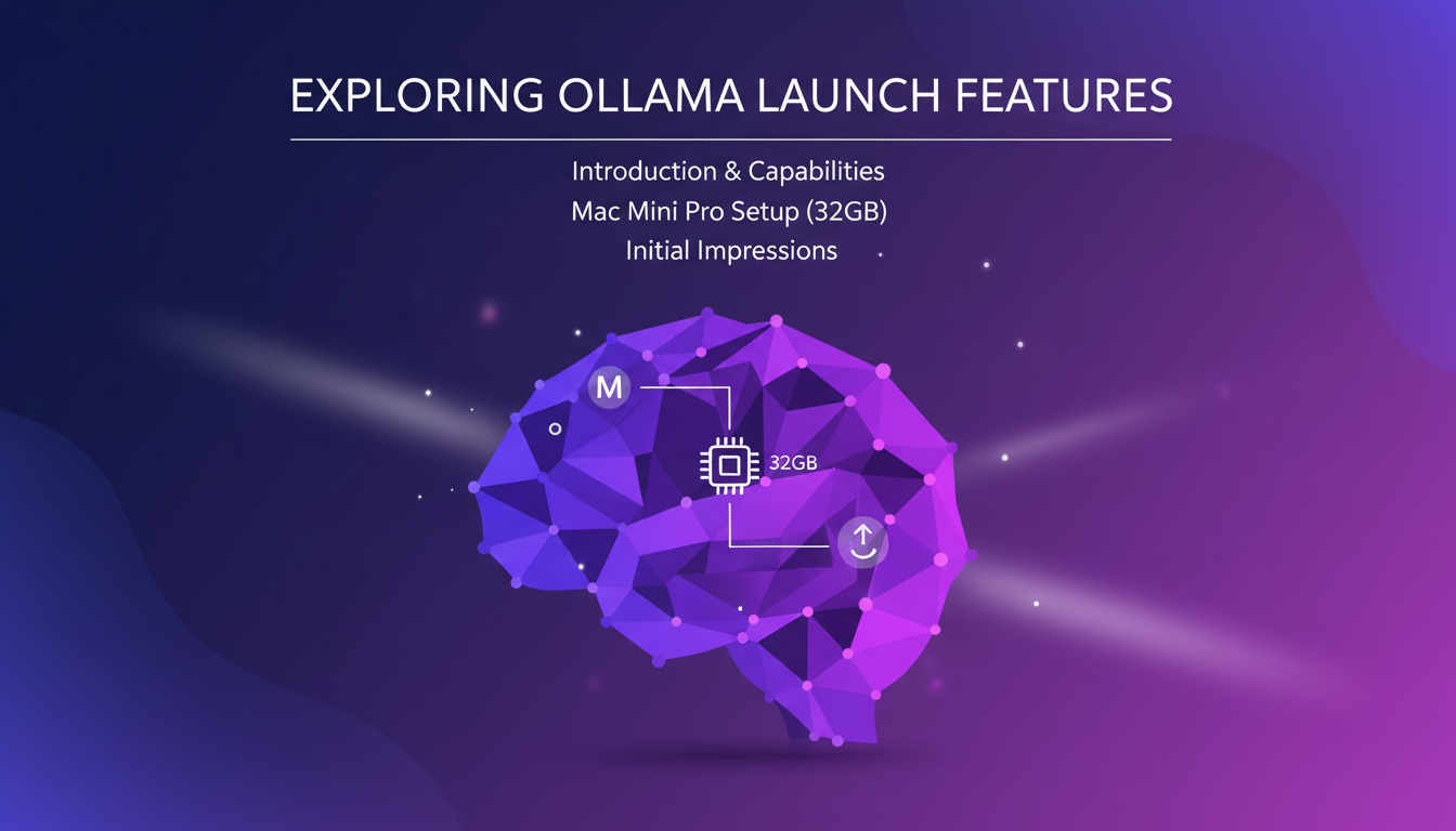 Modern minimalist illustration of Ollama Launch features on Mac Mini Pro with 32GB, AI technology, professional and innovative.