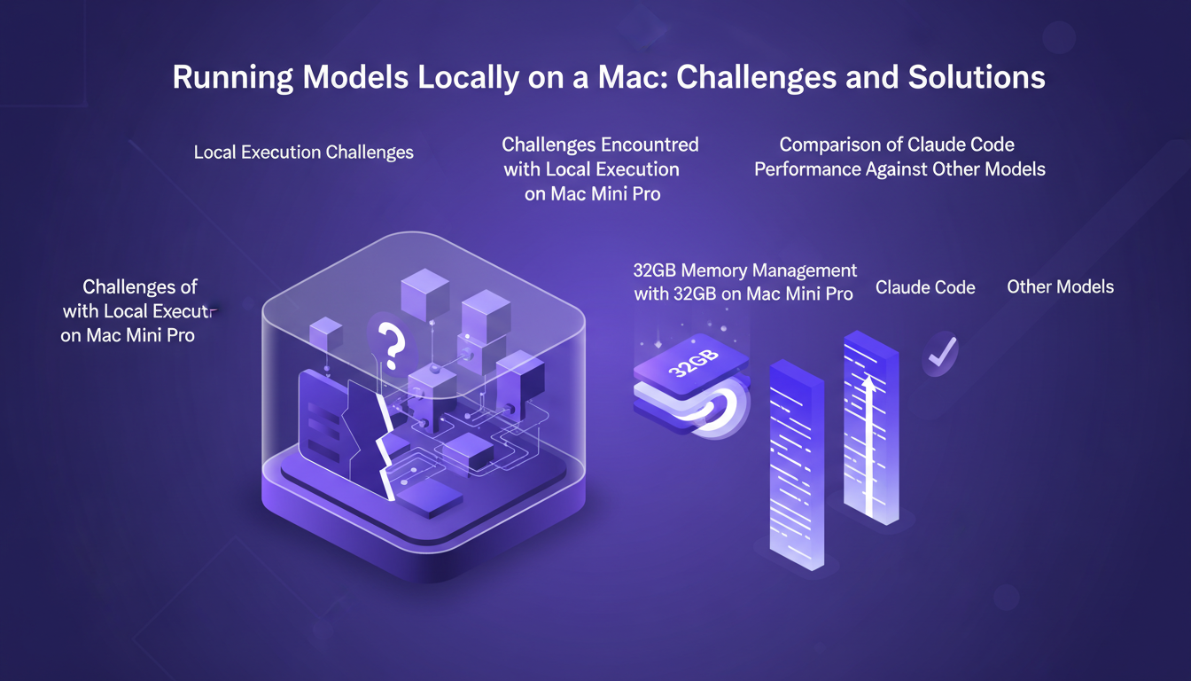 Modern illustration of running models locally on Mac, highlighting challenges and solutions with memory management and performance comparison.
