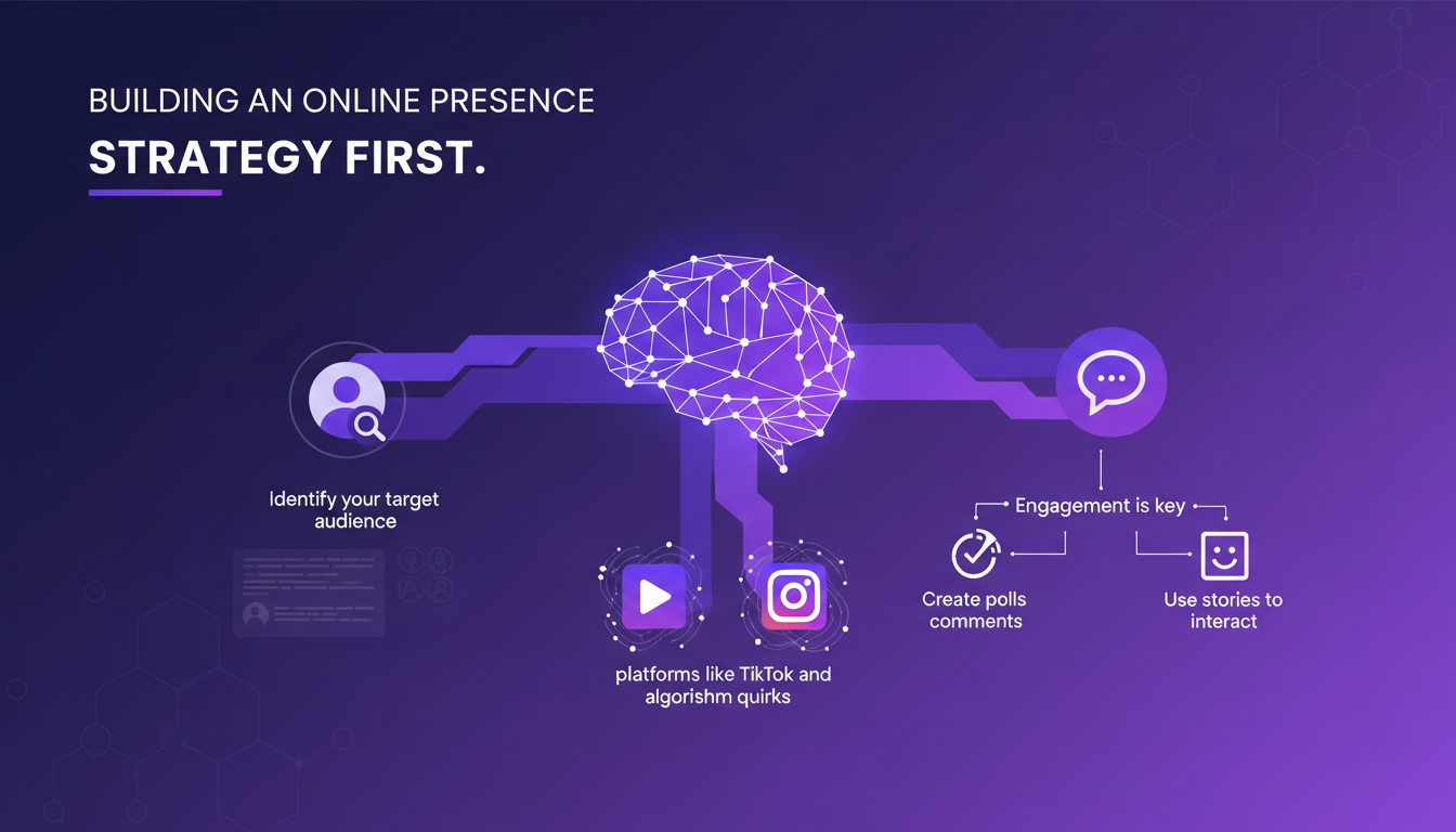Modern illustration of building an online presence, strategy first, featuring geometric shapes and indigo-violet gradients.