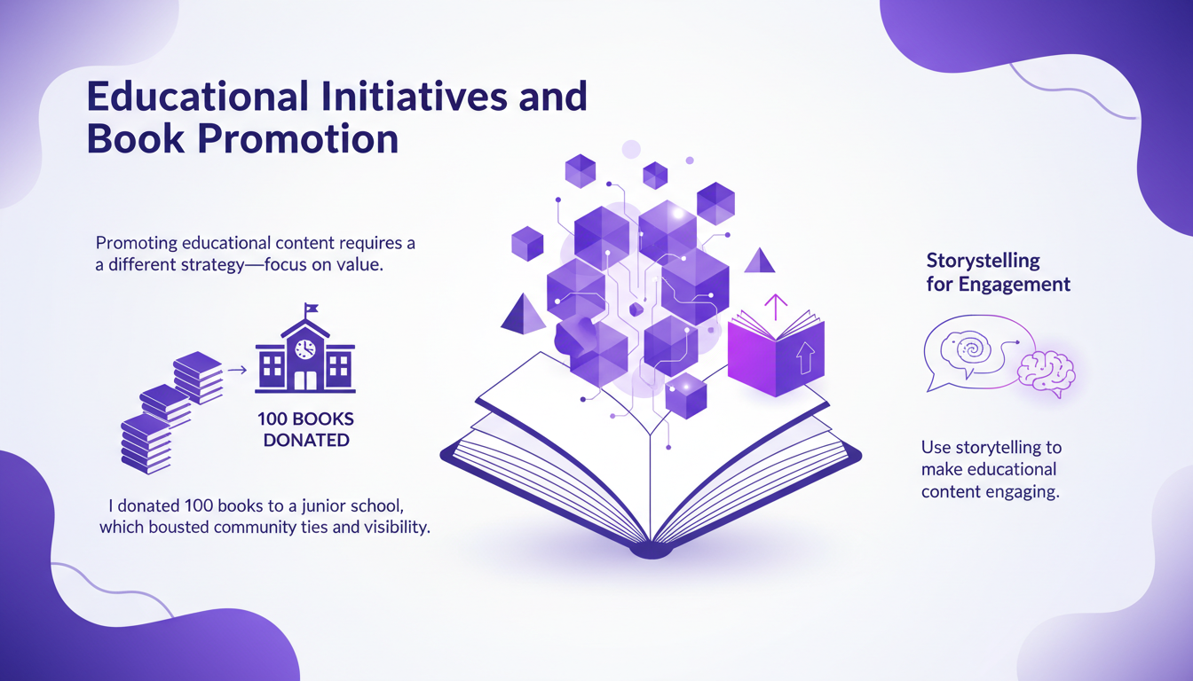 Modern illustration of educational book promotion with geometric shapes, indigo and violet gradients; 100 books donated to a school.