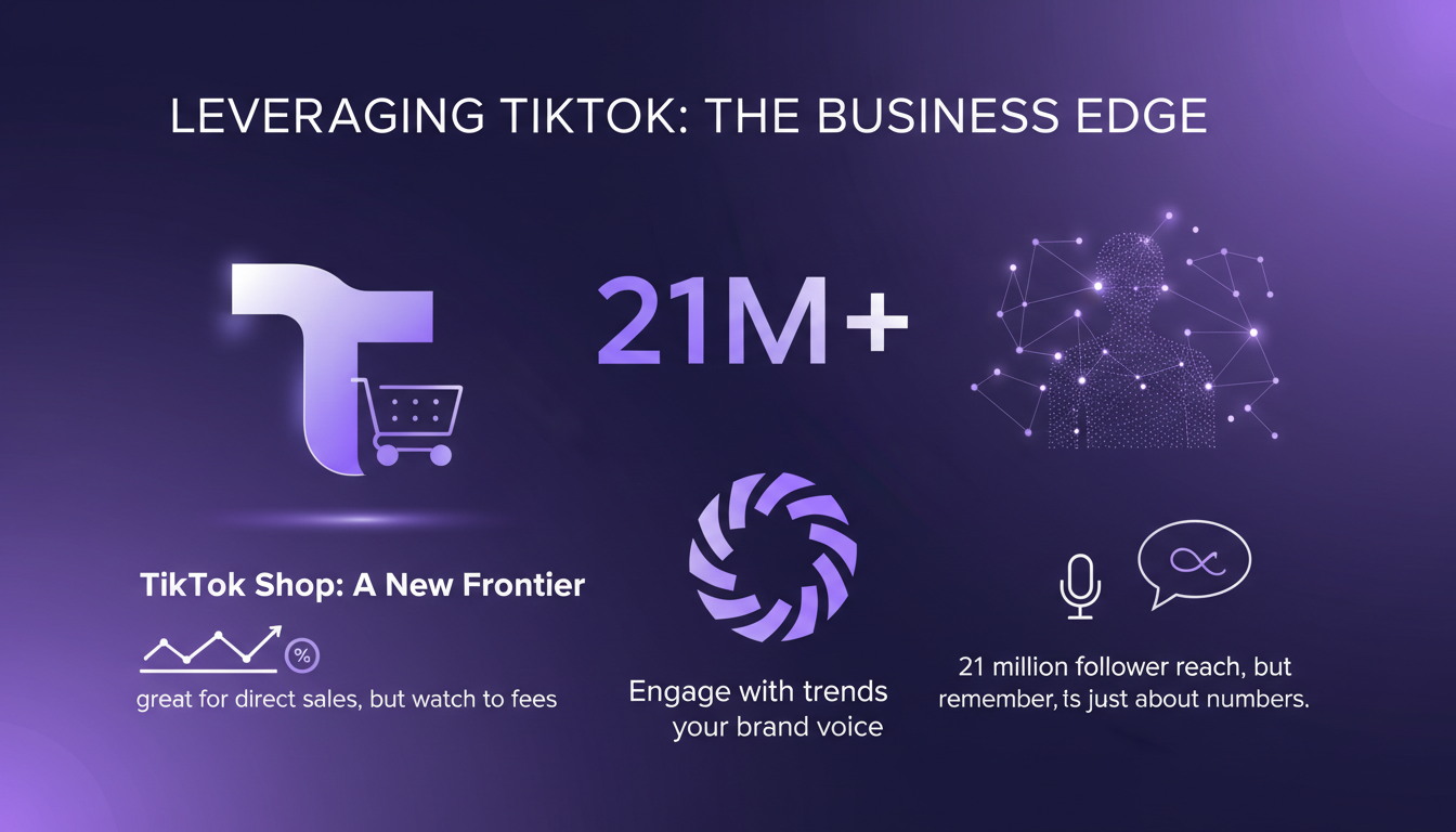 Modern minimalist illustration of TikTok for business, highlighting 21 million follower reach and the importance of staying true to brand voice.
