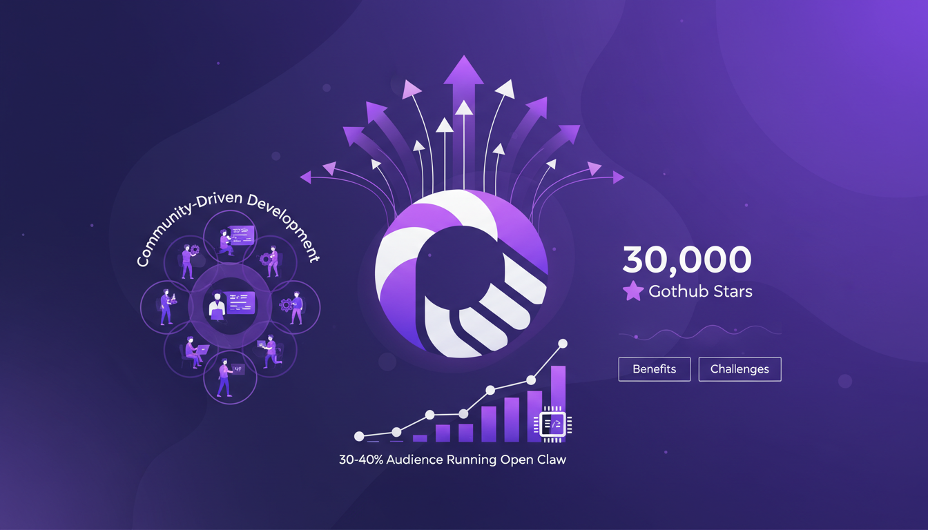 Modern illustration of Open Claw's rapid growth to 30,000 GitHub stars, showcasing active community involvement and technological challenges.