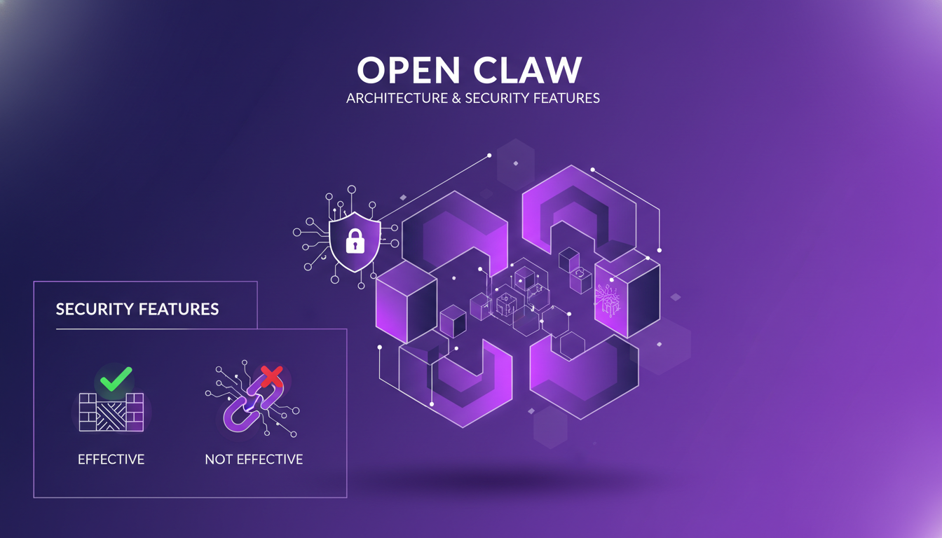 Modern illustration of Open Claw's architecture and security features, featuring geometric shapes and indigo-violet gradients.