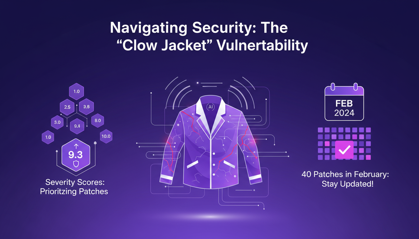 Illustration moderne sur la vulnérabilité 'Clow Jacket', soulignant l'importance des mesures de sécurité robustes et des scores de sévérité.