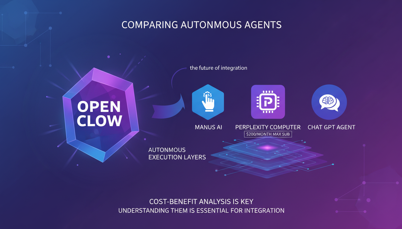 Illustration moderne comparant Open Clow, Manus AI, Perplexity Computer et Chat GPT Agent, mettant en avant les coûts et les avantages des agents autonomes.