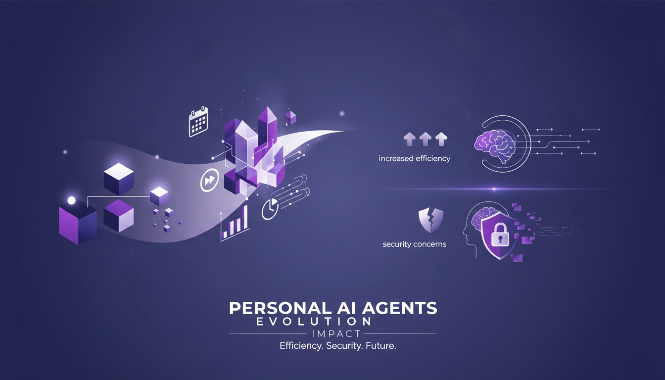 Illustration moderne des agents personnels IA, montrant leur évolution et impact sur la productivité avec des formes géométriques.