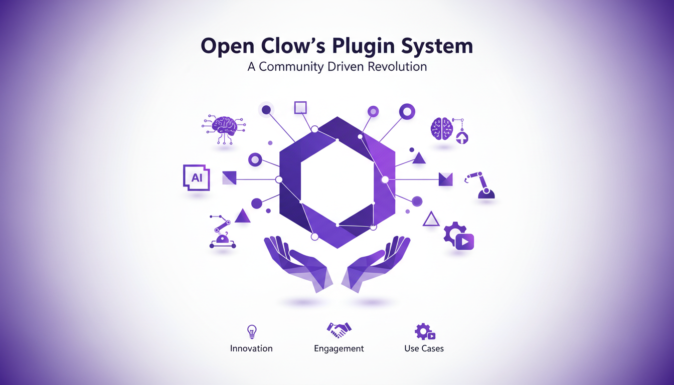 Illustration moderne du système de plugins Open Clow, symbolisant l'innovation communautaire en technologie IA, avec formes géométriques et dégradés.