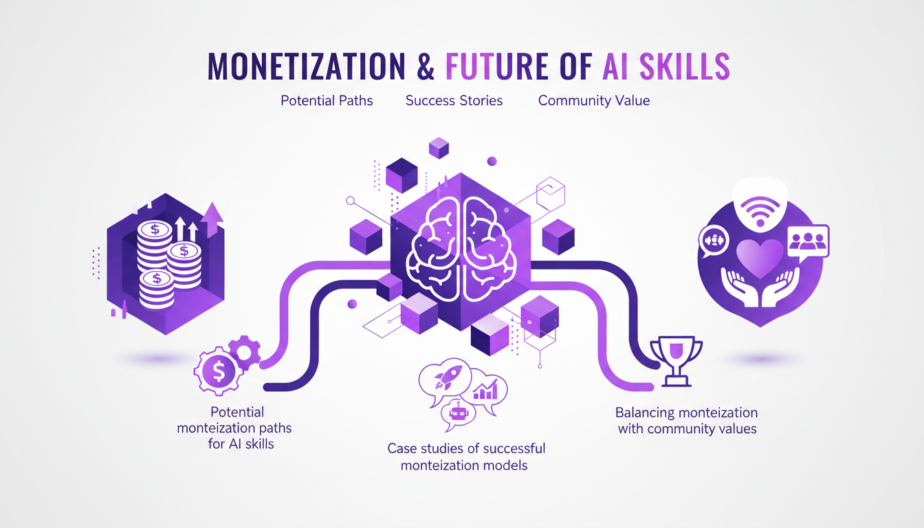Illustration moderne sur la monétisation des compétences en IA, montrant des chemins de monétisation et des modèles réussis, style minimaliste.