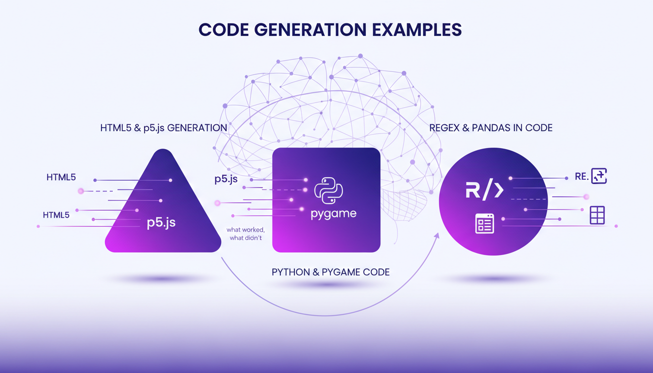 Modern illustration of code generation in HTML5, p5.js, and Python with geometric shapes and indigo-violet gradients.