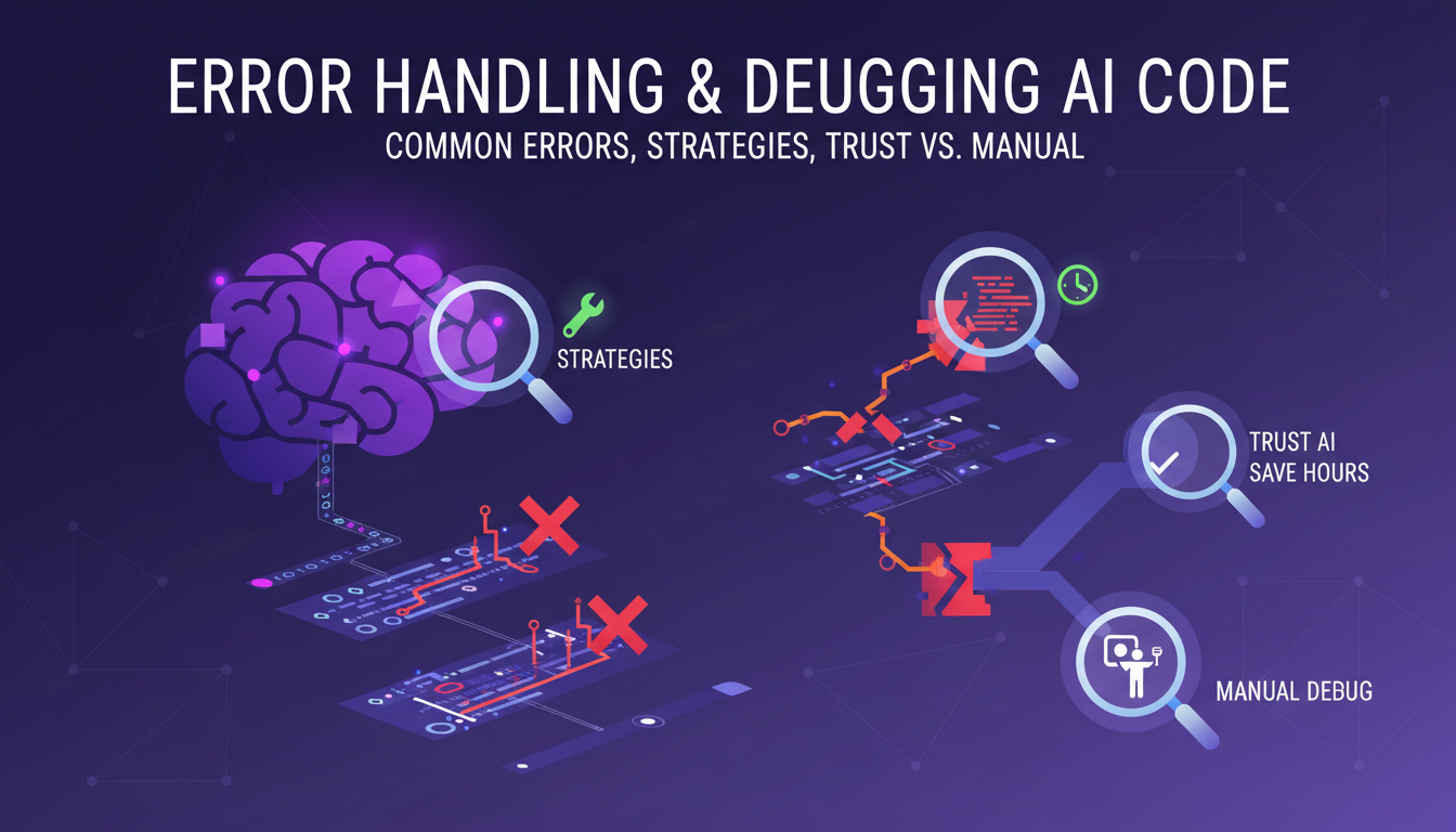 Modern illustration of AI error handling and debugging, featuring geometric shapes and indigo-violet gradients.