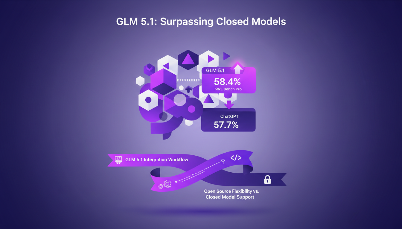 Illustration moderne de GLM 5.1 surpassant les modèles fermés, score de 58,4% sur SWE Bench Pro, intégration dans les systèmes existants.