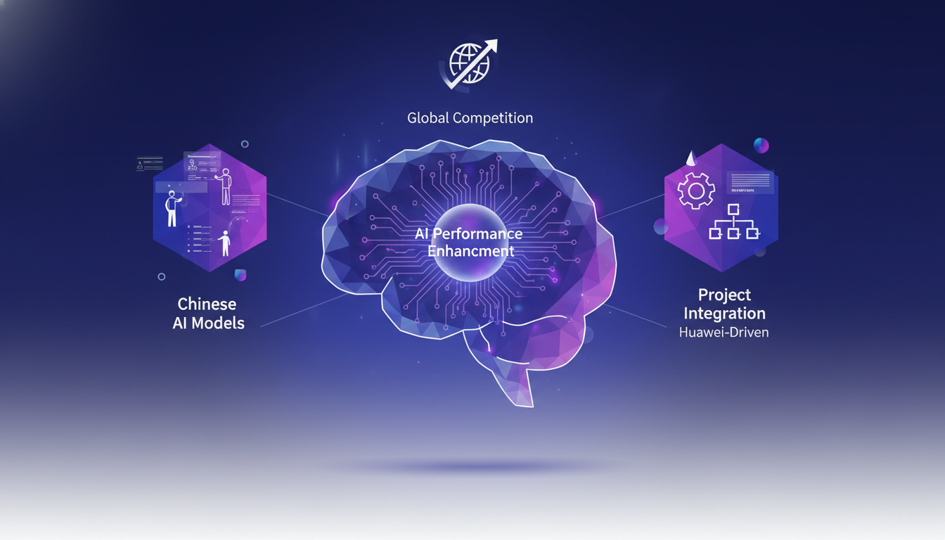 Illustration moderne de modèles IA chinois utilisant des puces Huawei pour améliorer la performance, avec des formes géométriques et des dégradés violets.