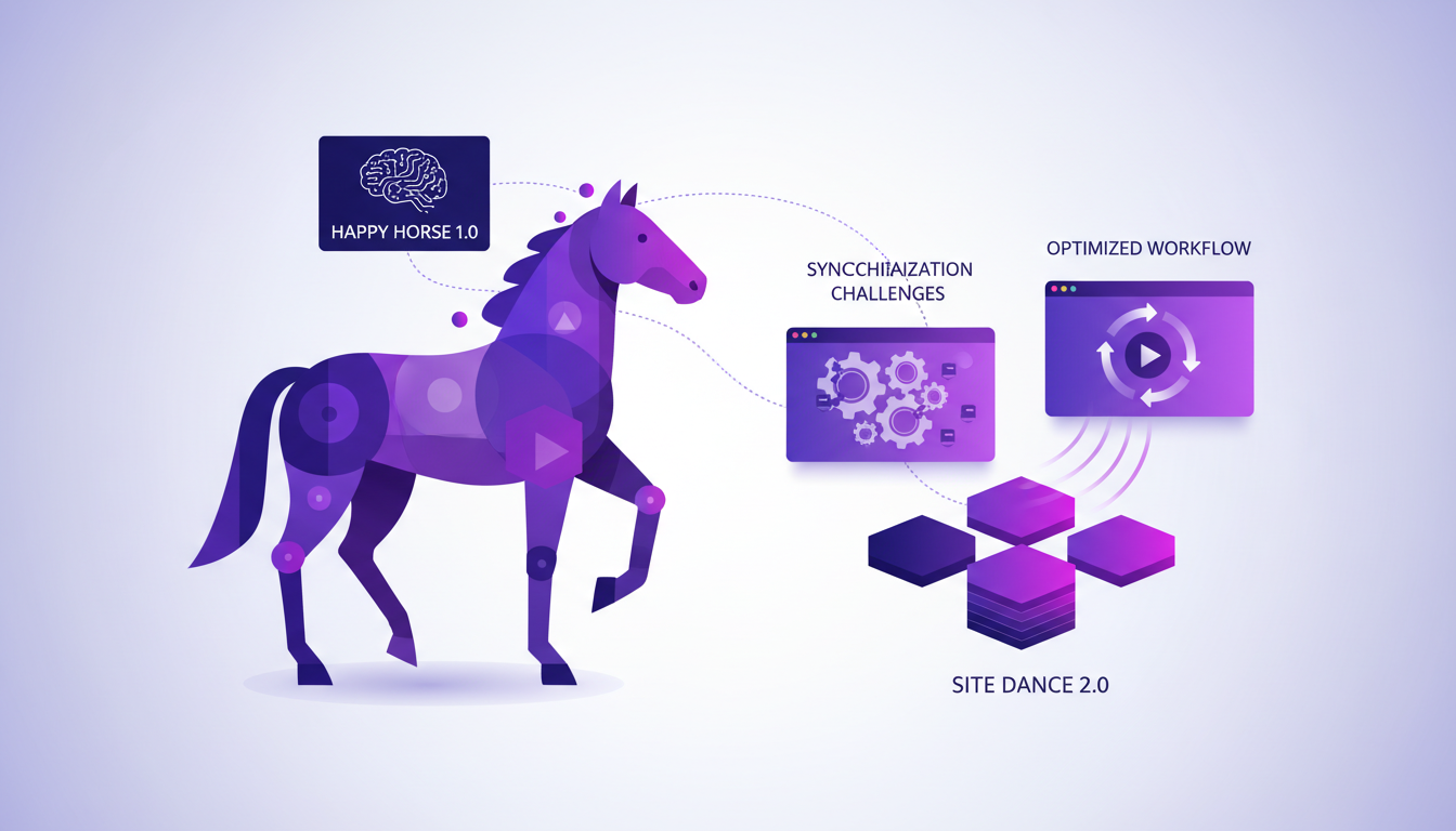Illustration moderne et minimaliste de modèles vidéo IA, Happy Horse 1.0, défis de synchronisation, Site Dance 2.0, couleurs indigo et violet.
