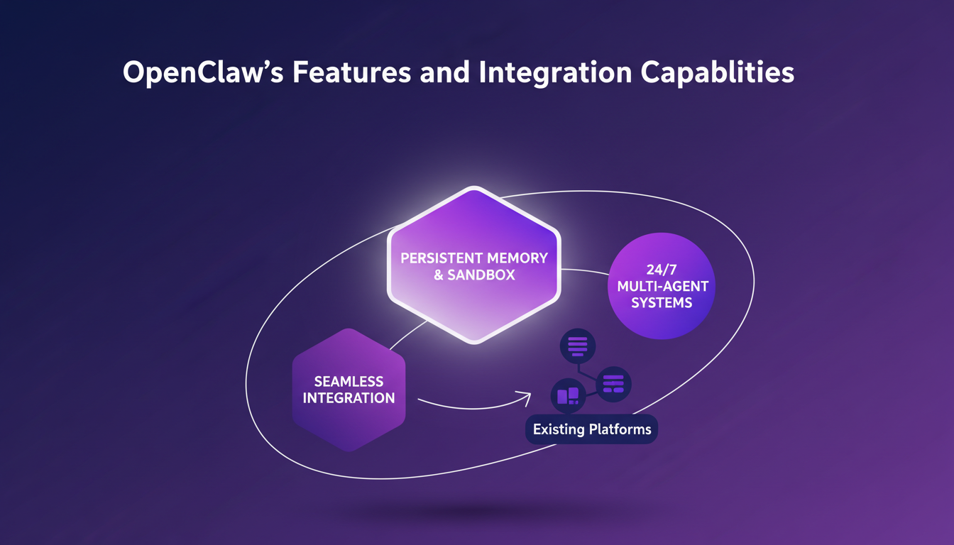 Modern illustration of OpenClaw features with persistent memory, sandbox environments, seamless integration, using indigo and violet colors.