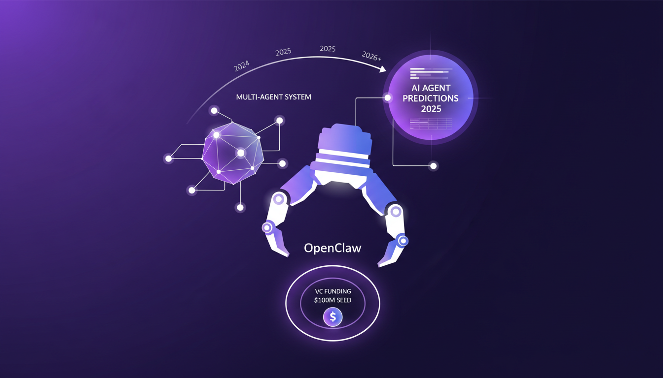 Modern illustration of OpenClaw, future leader in AI agents, featuring geometric shapes and indigo-violet gradients.