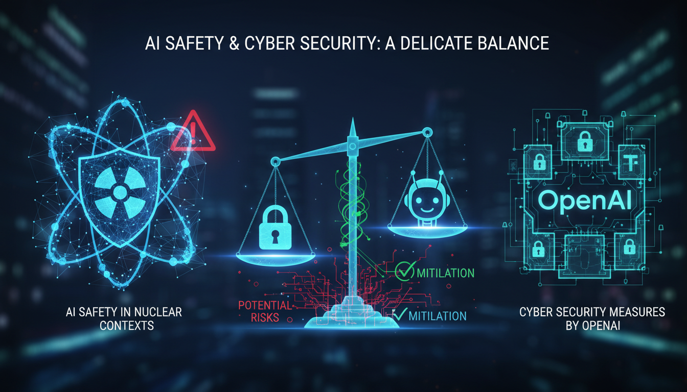 Modern illustration of AI safety and cybersecurity balance, highlighting OpenAI measures and nuclear risks in a tech-focused style.