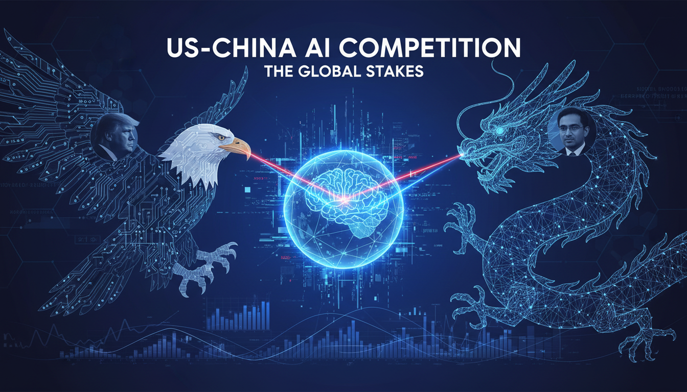 Modern illustration of US-China AI competition, highlighting political implications and key figures like Trump and Nadella in AI policy.