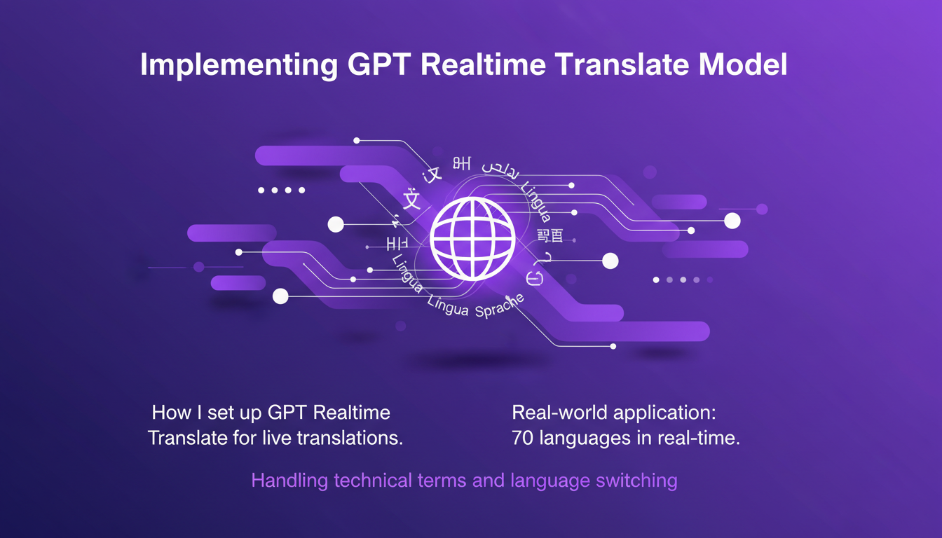 Modern illustration of implementing GPT Realtime Translate model, translating 70 languages live, featuring geometric shapes and clean lines.
