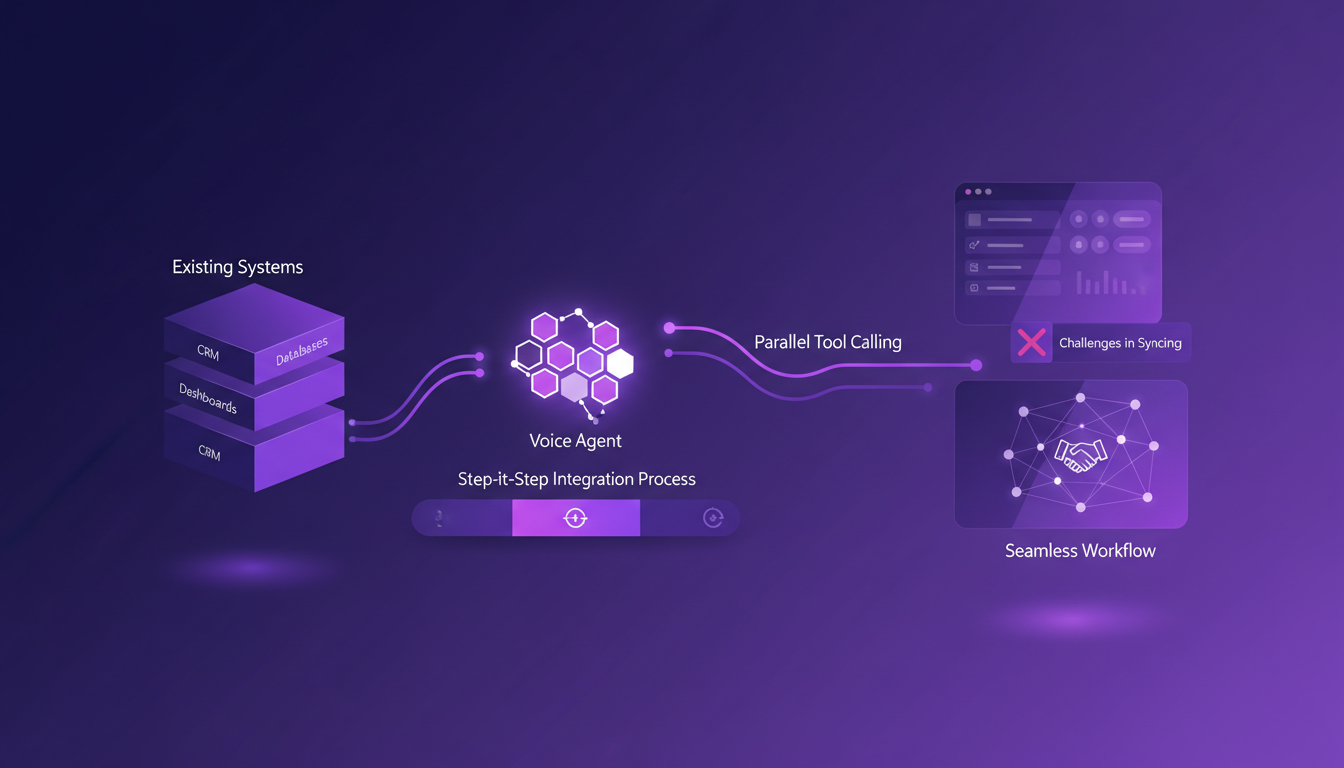 Modern illustration of integrating voice agents with existing systems, step-by-step process, CRM sync challenges, seamless tool integration.