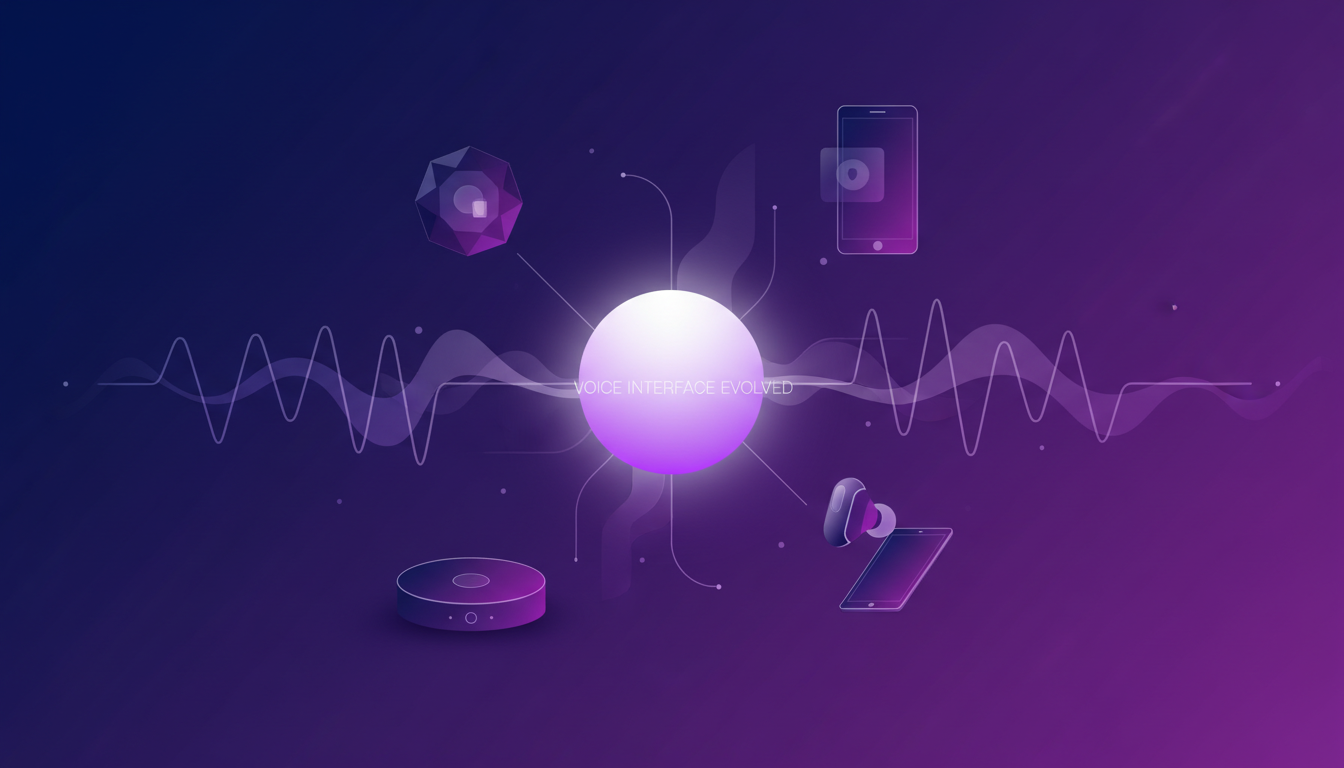 Modern illustration of the future of voice as a primary interface, featuring geometric shapes, soft shadows, indigo and violet colors.