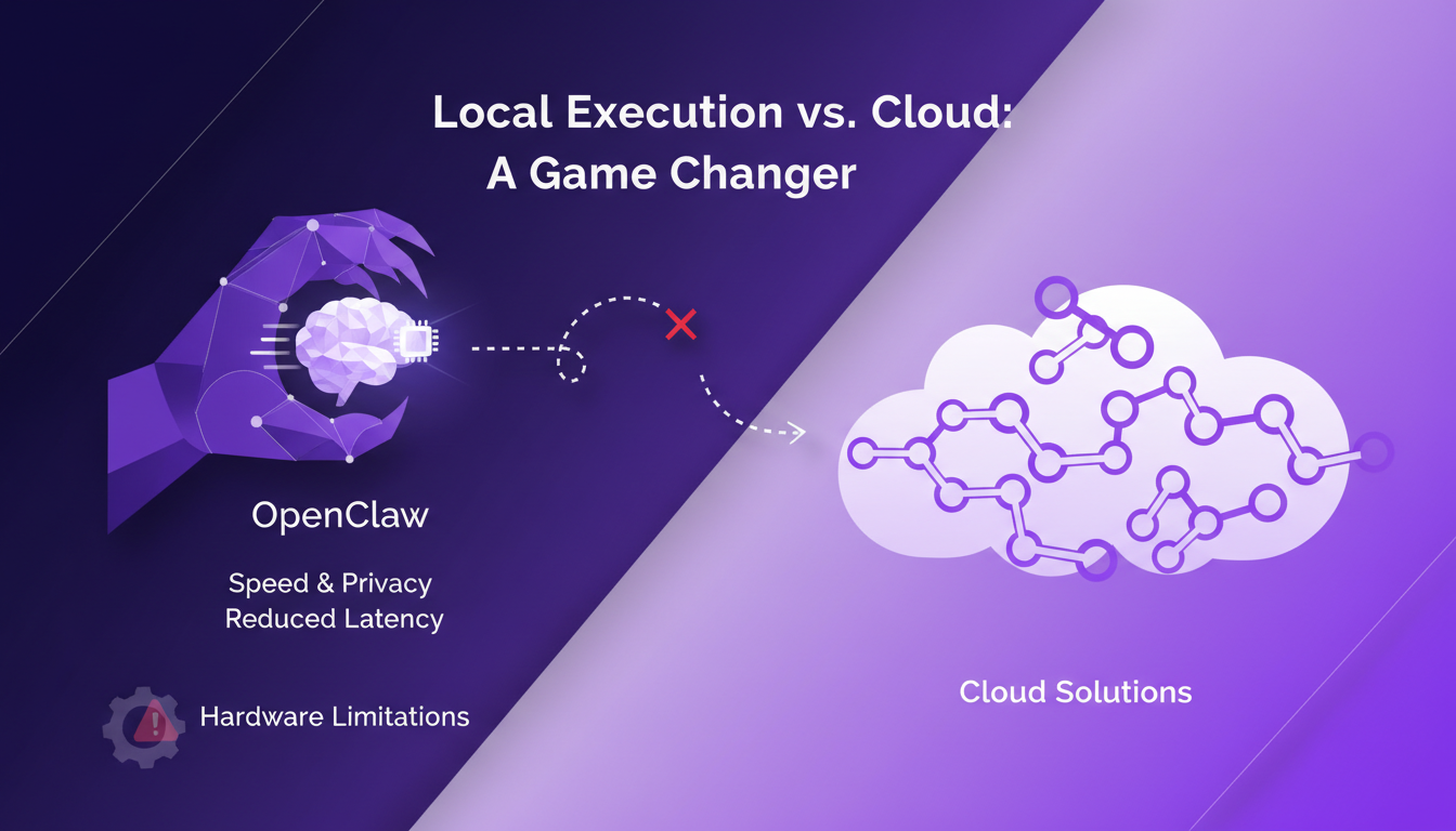 Modern illustration of local execution vs cloud, highlighting OpenClaw's speed and privacy, with geometric shapes and gradient overlays.