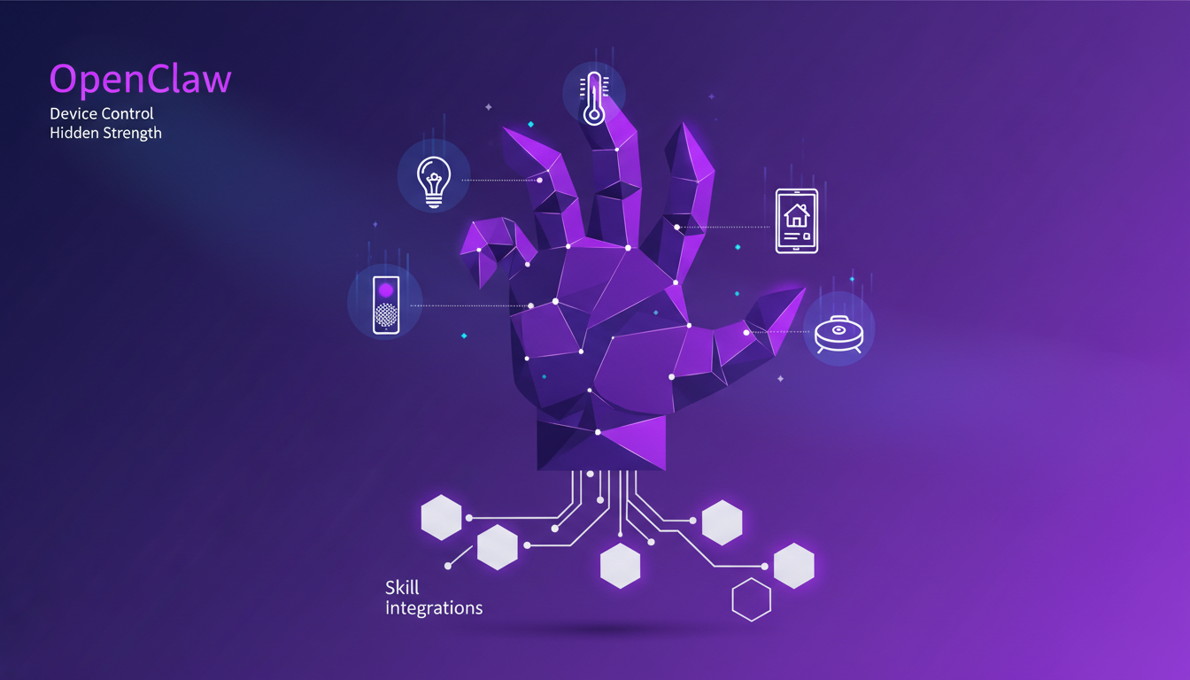 Modern illustration of device control with OpenClaw, AI integration, geometric shapes, indigo and violet palette.