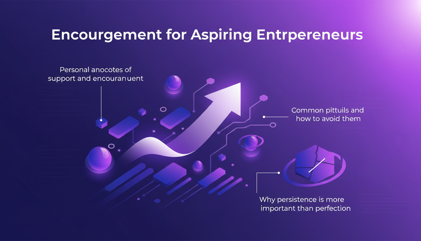 Modern illustration of encouragement for entrepreneurs, featuring geometric shapes and indigo-violet gradients, symbolizing persistence.