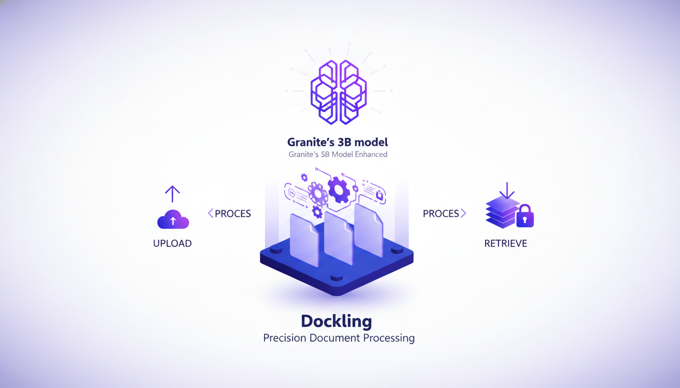 Illustration moderne de traitement de documents avec Dockling, utilisant le modèle 3B de Granite, workflow pratique, couleurs indigo et violet.