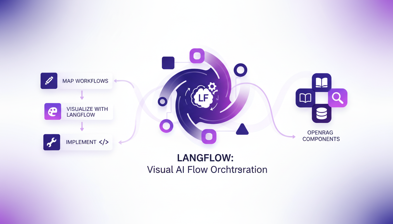 Illustration moderne de l'orchestration visuelle avec Langflow, intégrant des outils AI avec des formes géométriques et des dégradés violets.
