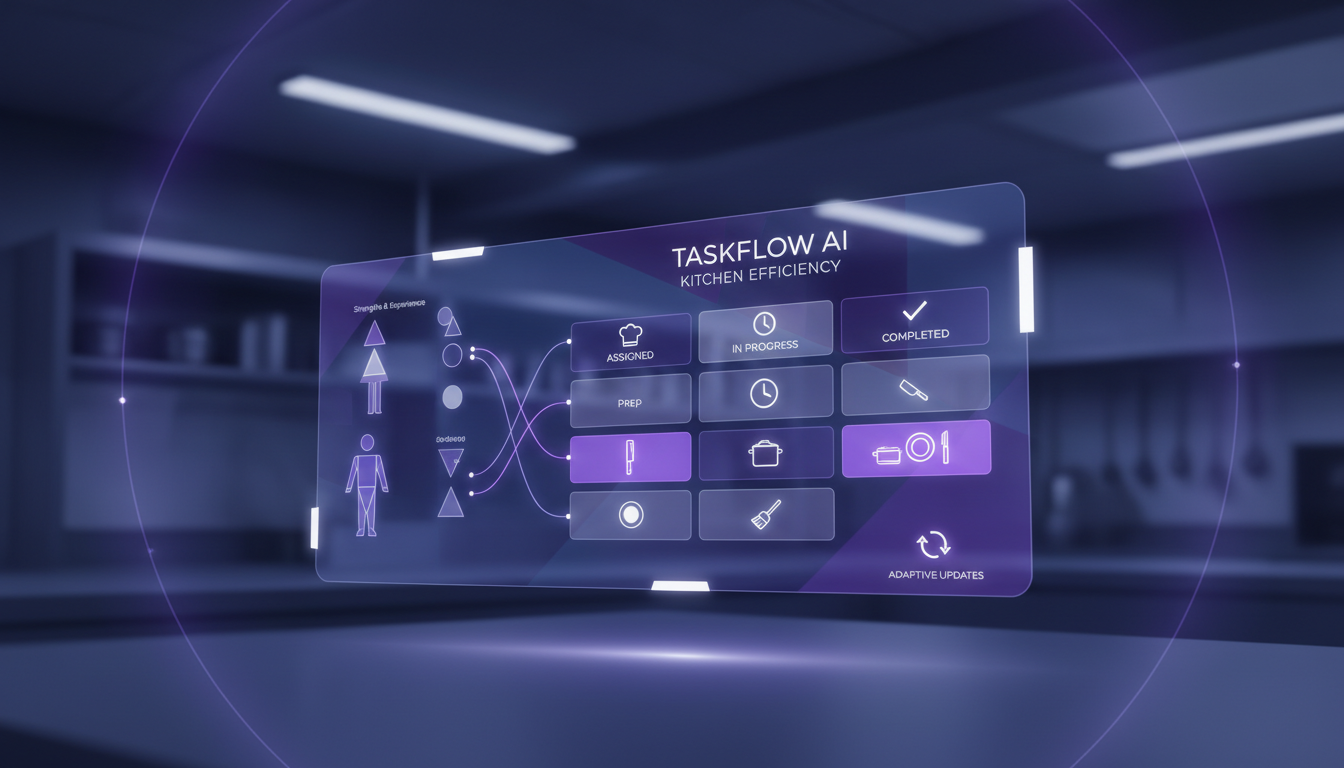 Modern illustration of kitchen efficiency with task assignment, task board, and AI tech, using indigo and violet palette.