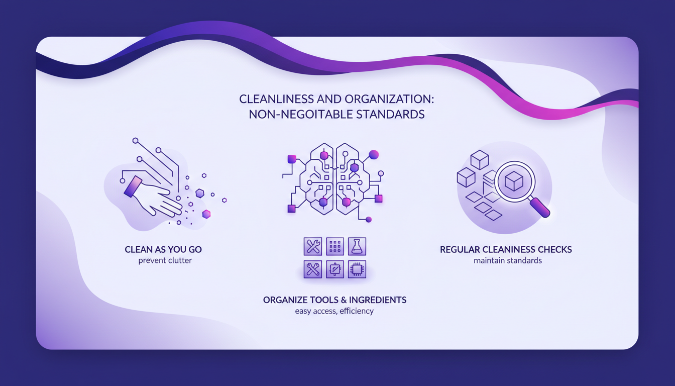 Modern illustration of cleanliness and organization with geometric shapes and gradients, symbolizing non-negotiable standards.