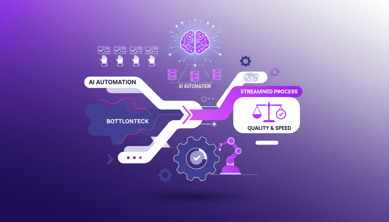 Modern illustration of workflow optimization in fast-paced environments, featuring AI technology and automation, with geometric shapes.