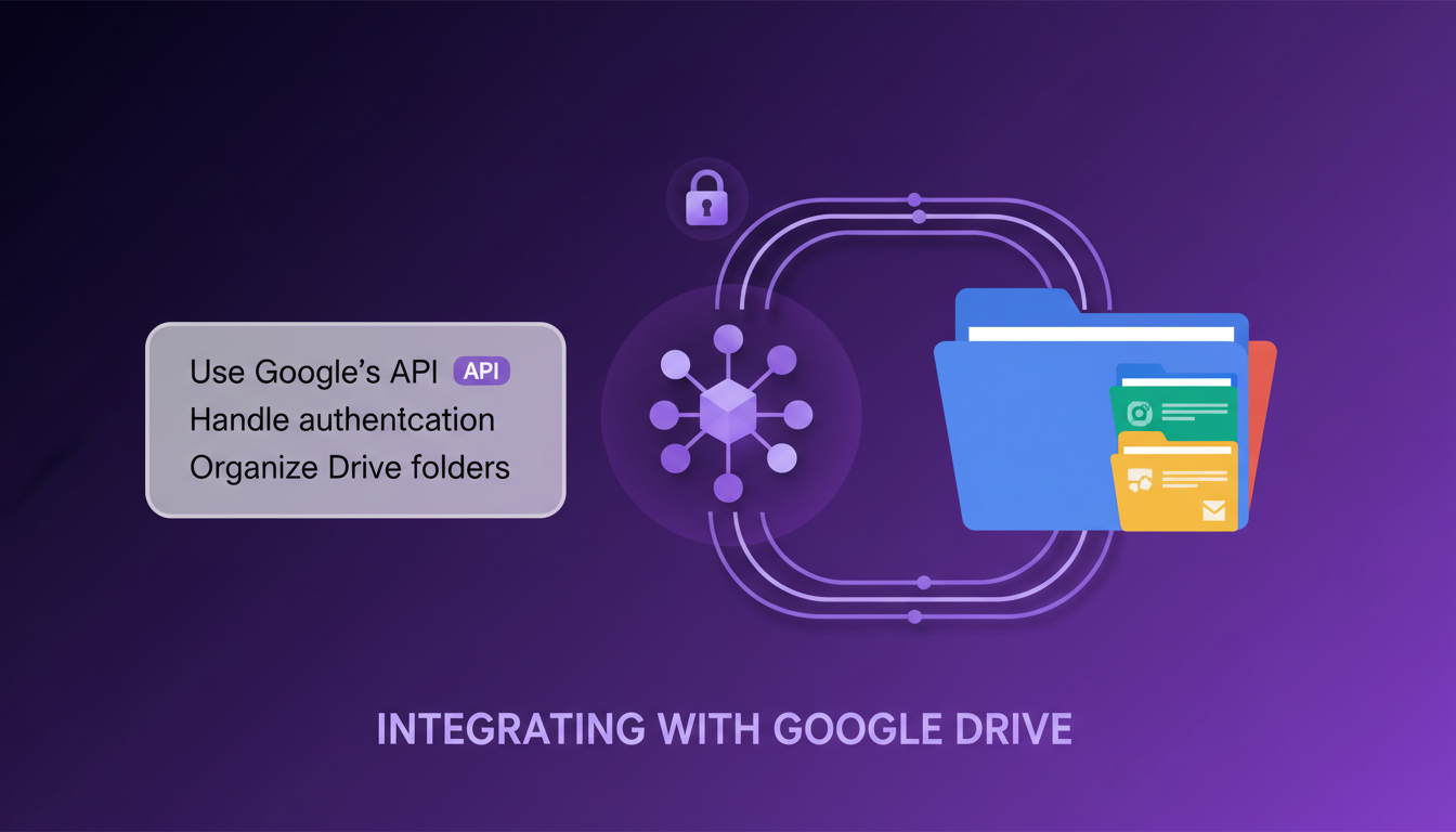 Modern illustration of integrating with Google Drive using API, service account authentication, folder organization, minimalist style.