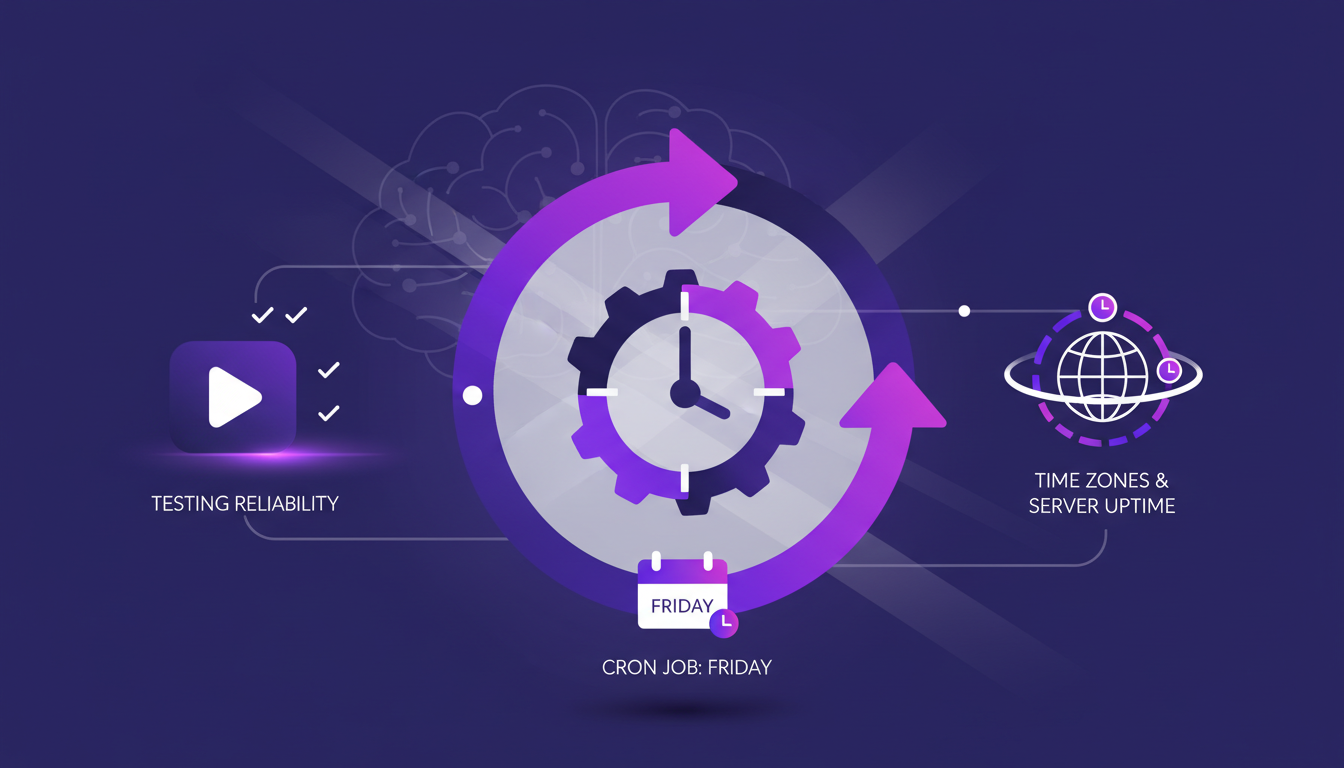 Modern illustration of scheduling and running an agent, with geometric shapes and indigo, violet gradients, for AI blog article.