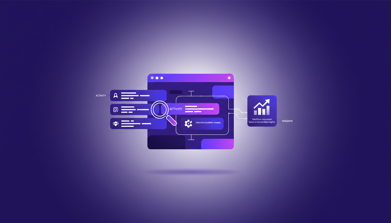 Modern illustration of monitoring and reviewing activity history with activity logs, AI technology, and indigo-violet color palette.