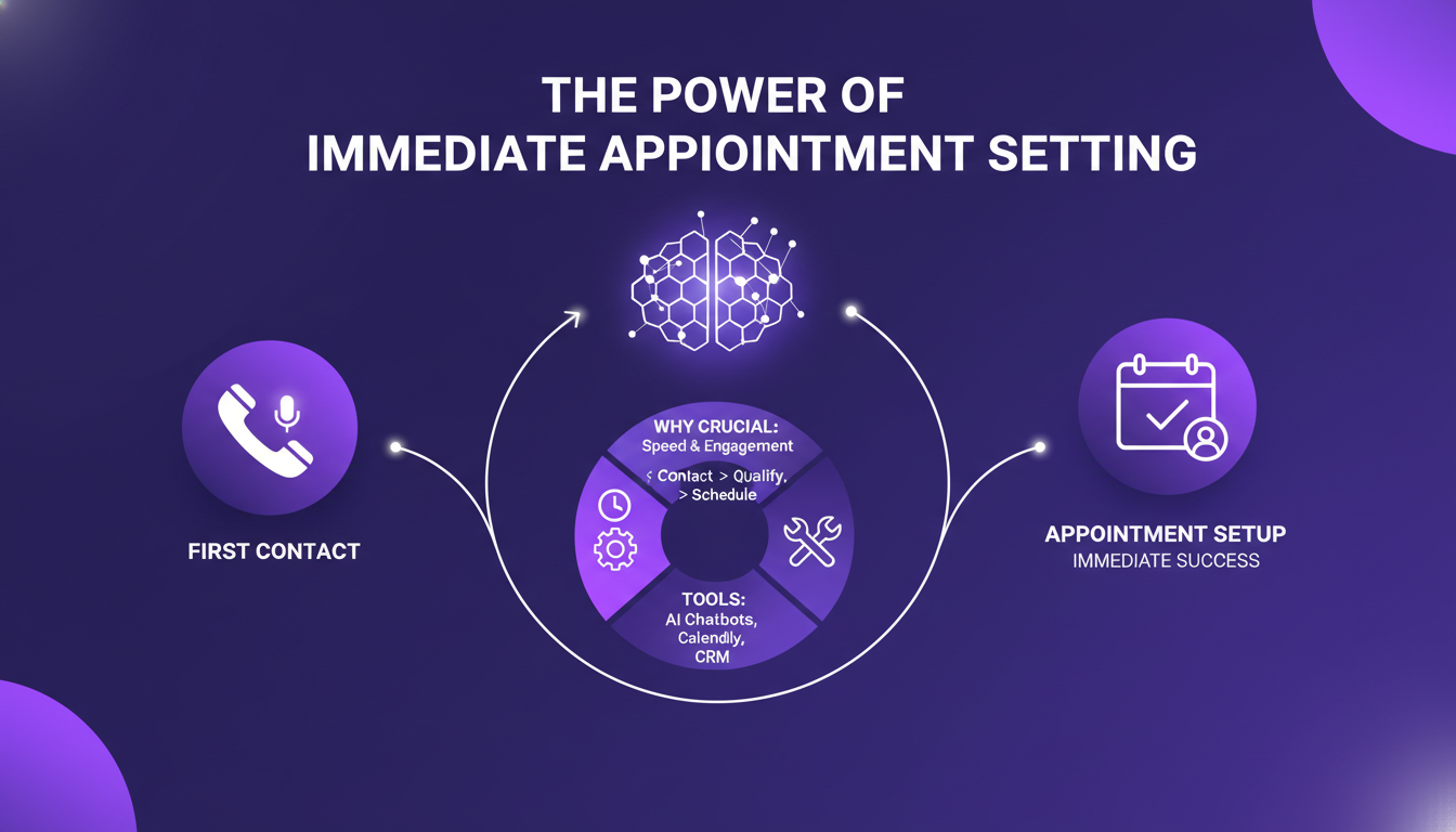 Illustration moderne de prise de rendez-vous immédiate avec technologie IA, formes géométriques, dégradés indigo et violet.
