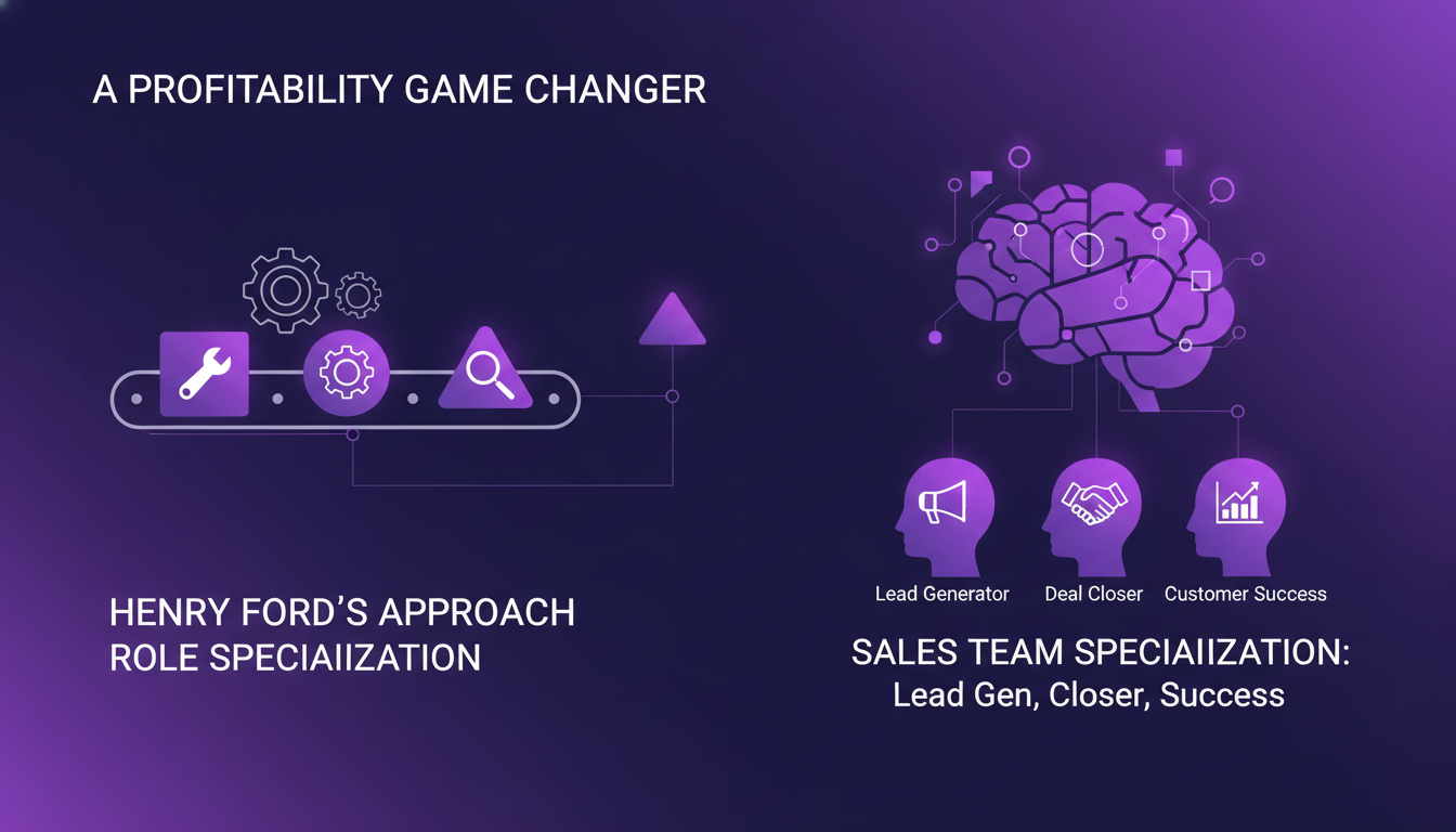 Illustration moderne de la spécialisation des rôles, inspirée par Henry Ford, avec des formes géométriques et des dégradés violets.
