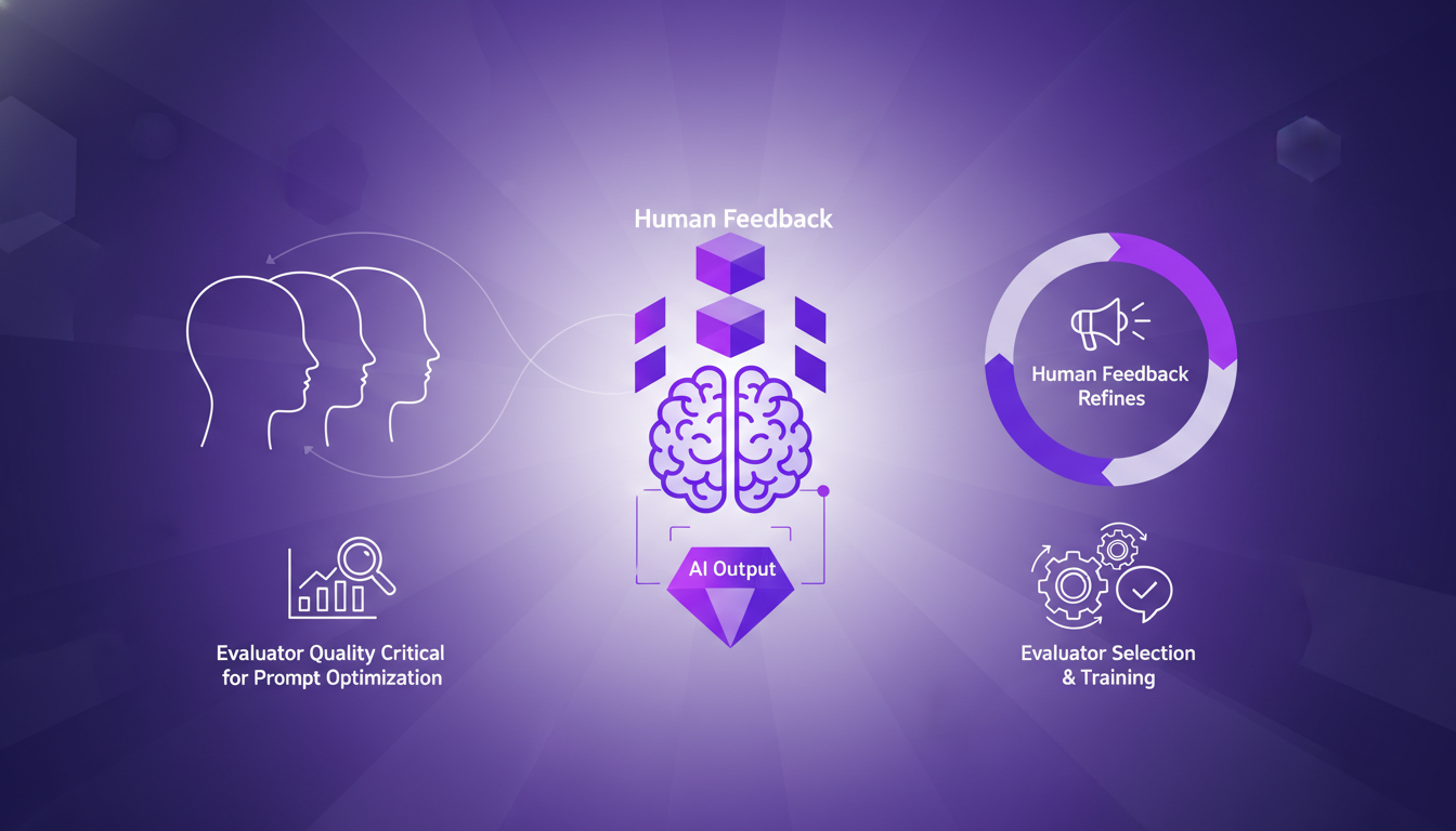 Illustration moderne sur le rôle du feedback humain et la qualité des évaluateurs en optimisation des prompts IA, avec des formes géométriques.