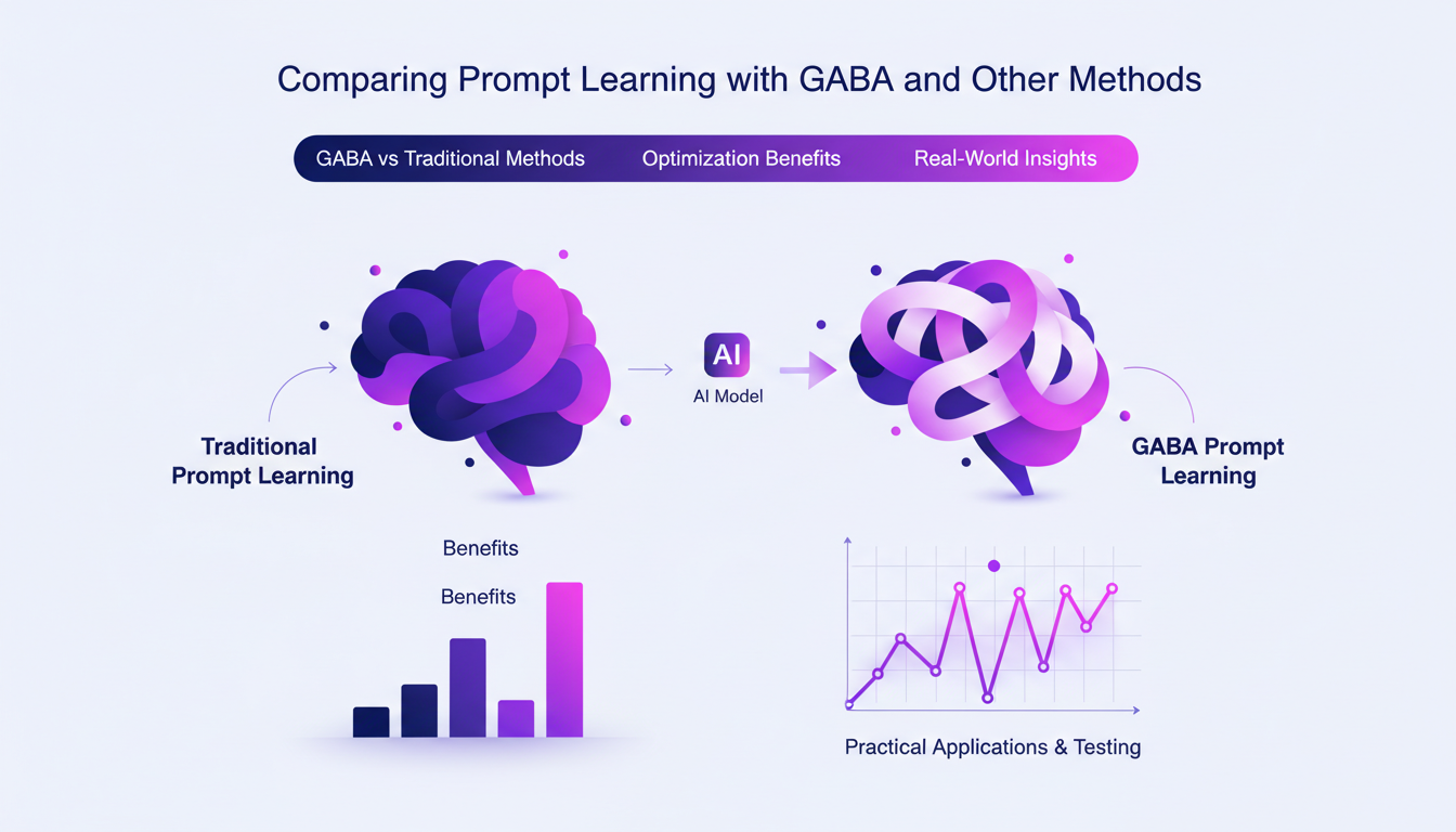 Illustration moderne comparant l'apprentissage par prompt avec GABA et d'autres méthodes, éléments géométriques et dégradés violets.