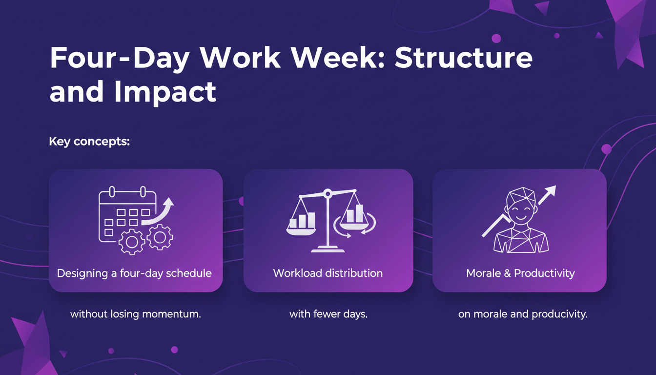 Modern minimalist illustration of a four-day work week, impact on productivity and workload distribution, using AI technology themes.
