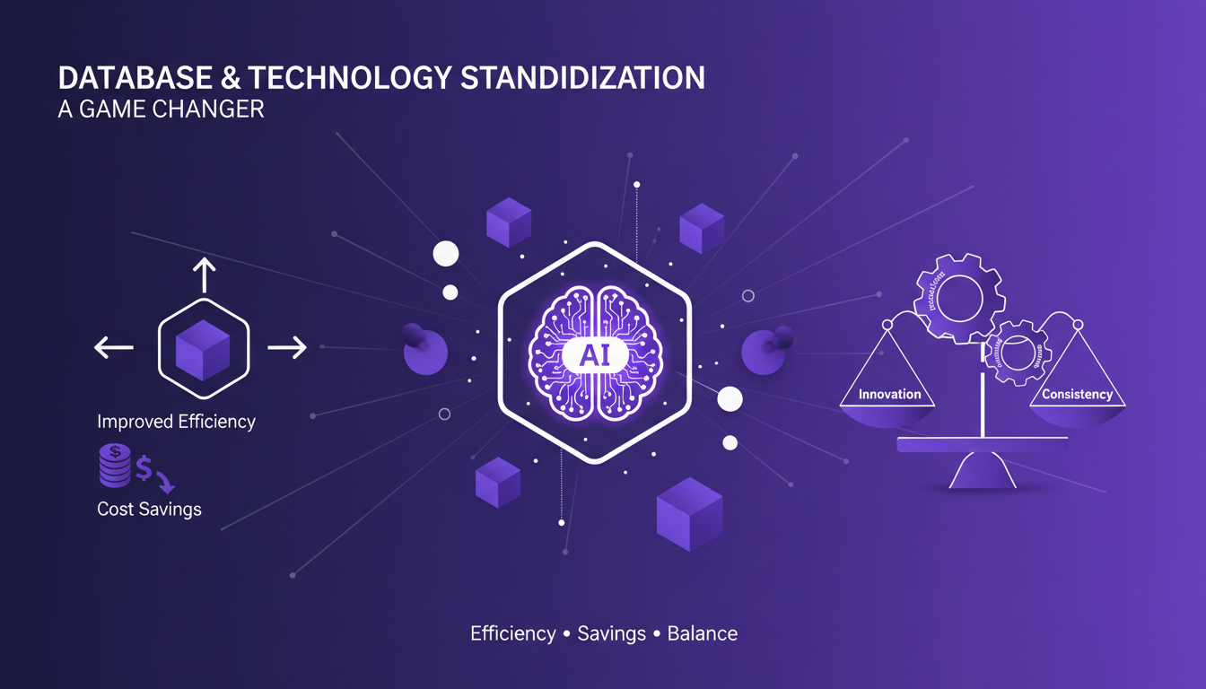 Modern illustration of database and technology standardization with geometric shapes, enhancing efficiency and cost savings.