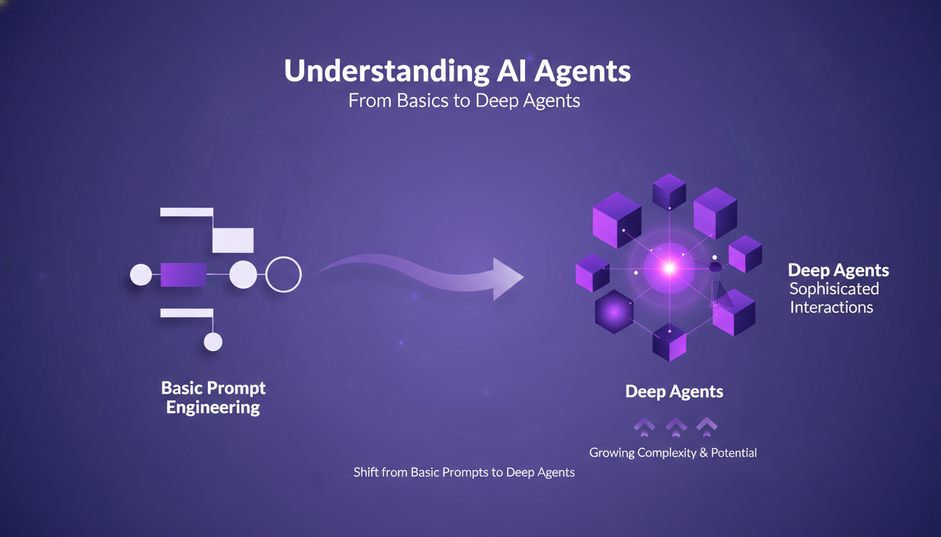 Modern illustration of AI agents from basics to deep agents, featuring geometric shapes and indigo-violet gradients.