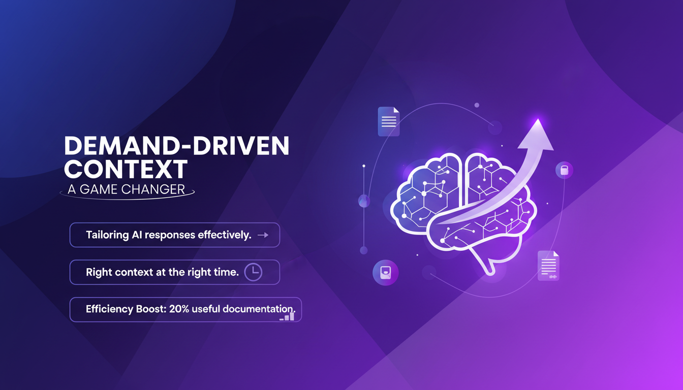 Modern AI illustration using demand-driven context with geometric shapes, indigo and violet gradients, enhancing response efficiency.