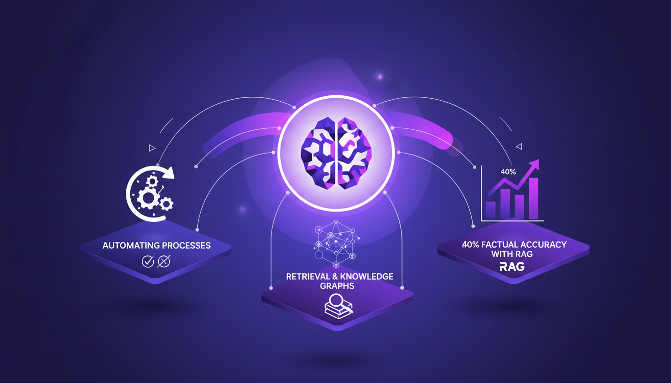 Modern illustration of automating knowledge management with AI, featuring knowledge graphs and RAG techniques for factual accuracy.